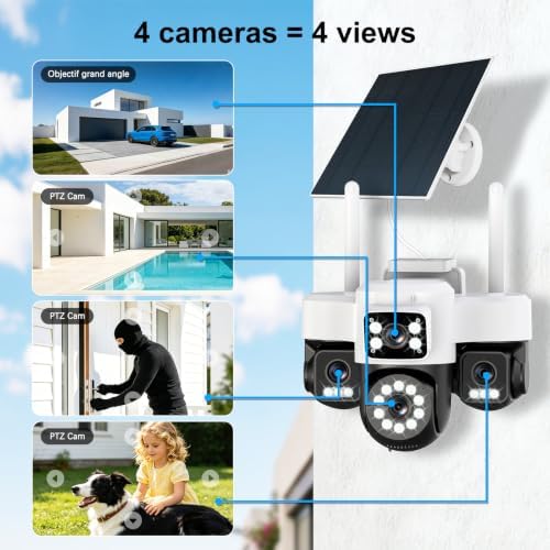 4K 12MP Solar Security Cameras Wireless Outdoor, Four Lens & 360° PTZ Linkage Camera with Solar Panel, 24/7 AOV Recording, Auto Motion Tracking, Color Night Vision, 2.4G/5G WiFi, IP66 Waterproof
