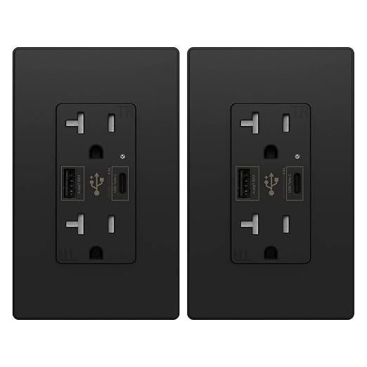 Micmi USB Outlet with C + A Wall Dual High Speed Receptacle Smart 4.8A Fast Charging Capability, 20Amp 125Volt, Tamper Resistant Wall Plate Included UL Listed (2Pack, Black, 20 Amp Outlet)