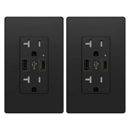 Micmi USB Outlet with C + A Wall Dual High Speed Receptacle Smart 4.8A Fast Charging Capability, 20Amp 125Volt, Tamper Resistant Wall Plate Included UL Listed (2Pack, Black, 20 Amp Outlet)