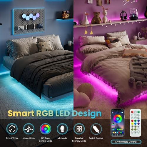 SHA CERLIN Queen Size Floating Bed Frame with Smart LED Lights, White