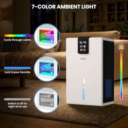PSOS Dehumidifier, Dehumidifiers for Home, 98 OZ Water Tank, (1000 sq.ft) Quiet Dehumidifier for Basement Bathroom Bedroom with Humidity Display, Auto Shut Off, Relaxing 7 Color Ambient Light(White)