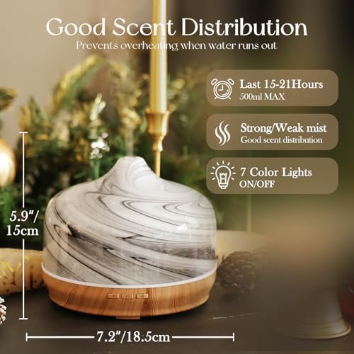 Porseme 500ml Glass Essential Oil Diffuser Aromatherapy Ultrasonic Cool Mist Humidifier 15-21 Running Hours Waterless Auto-Off Air Diffusers for Sleeping Yoga Working Spa(Ink)