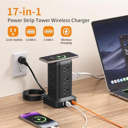 Extension Cord with Multiple Outlets, SMALLRT Power Strip Tower, Outlet Extender with 12 AC Outlets 4 USB, 6.5FT Extension Cord for Home Dorm Room, Office Supplies, Overload Protection