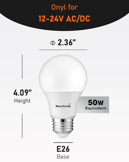 Maelsrlg 12V LED Bulb 6W(50W Equivalent), Daylight 5000K, 12V-24V AC/DC, 600 Lumens, Non-Dimmable, A19 12V DC LED Light Bulbs, E26 Base, Pack of 6
