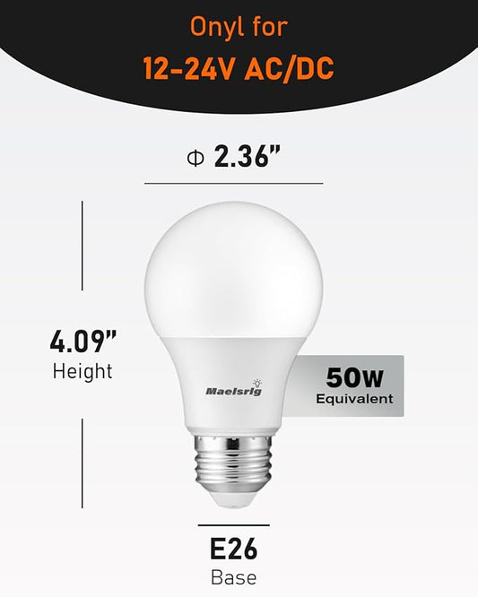 Maelsrlg 12V LED Bulb 6W(50W Equivalent), Daylight 5000K, 12V-24V AC/DC, 600 Lumens, Non-Dimmable, A19 12V DC LED Light Bulbs, E26 Base, Pack of 6