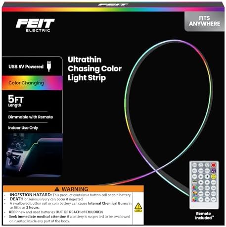 Feit Electric LED Light Strip Color Changing Strip Lights - Dimmable RGB USB with Remote - 5 ft
