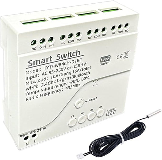 Tuya WiFi Smart Temperature Sensor Controller, 4CH 85-250V Relay Switch, Remote Voice Control, APP Remote Control, Dry Contact, Real-Time Monitoring, Compatible with Alexa and Google Home