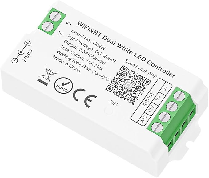 C02W 3PIN CCT Dual White LED Strip Contrallor,2.4GHz WiFi Group Controller Alexa Google Home,Smartphone APP Control Compatible with WR02RF RC03RF LM087 CCT Remote,DC12-24V