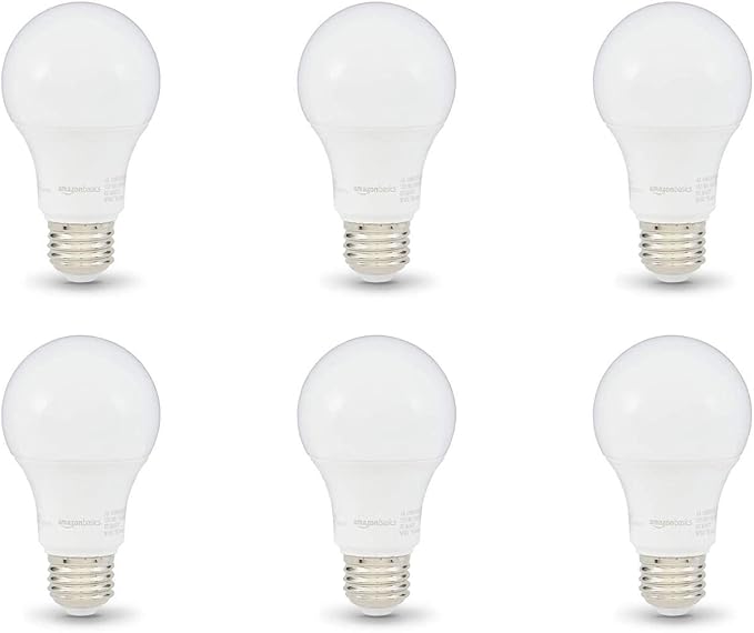 Amazon Basics A19 LED Light Bulbs, 60W Equivalent, 9W Energy Efficient, E26 Standard Base, Daylight White 5000K, Dimmable, 10,000 Hour Lifetime, 6-Pack