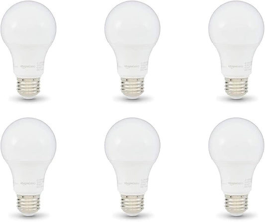 Amazon Basics A19 LED Light Bulbs, 60W Equivalent, 9W Energy Efficient, E26 Standard Base, Daylight White 5000K, Dimmable, 10,000 Hour Lifetime, 6-Pack