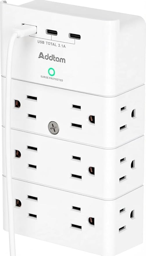 Addtam Multi Plug Wall Outlet, Surge Protector Wall Mount with 12 Outlet Extender 4 Sides and 3 USB Ports (2 USB-C), Outlet Splitter Power Strip for Home Office Dorm Room Essentials, White