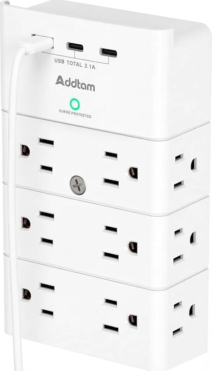 Addtam Multi Plug Wall Outlet, Surge Protector Wall Mount with 12 Outlet Extender 4 Sides and 3 USB Ports (2 USB-C), Outlet Splitter Power Strip for Home Office Dorm Room Essentials, White