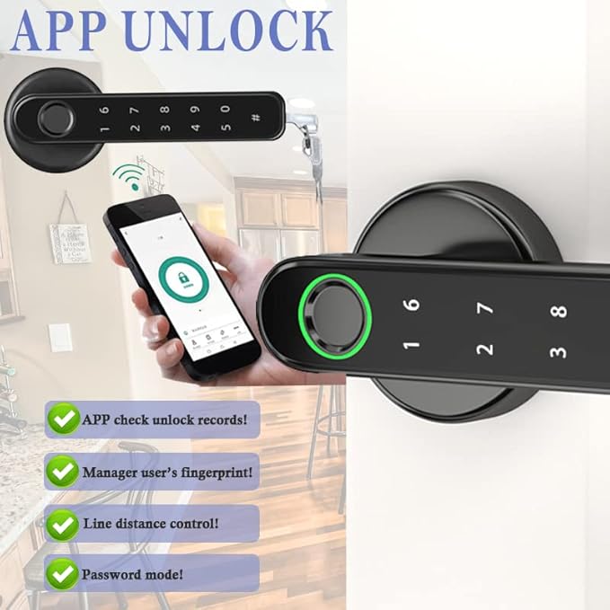 Smart Fingerprint Door Lock, Keyless Entry Door Lock with APP - Cards - Backup Key - Fingerprints - Codes, Biometric Door Lock for Bedroom Hotel Office Apartment(Black)