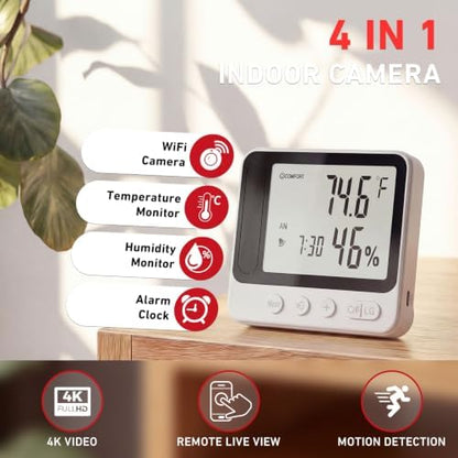 Hygrometer with Camera 4K WiFi Nanny Cam with Humidity and Tempreture Monitor, Motion Detection, Night Vision, Live View by Phone