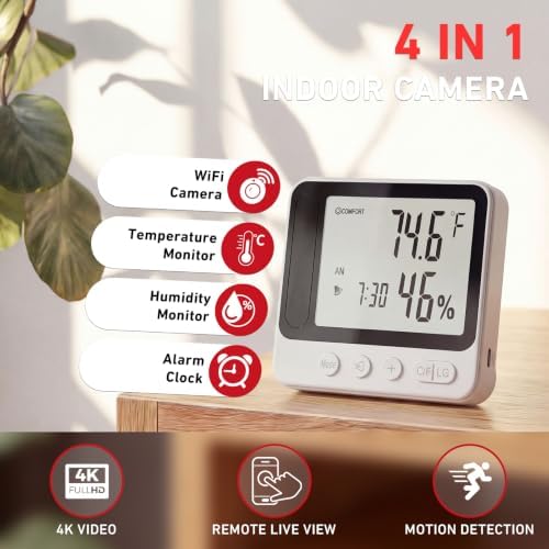 Hygrometer with Camera 4K WiFi Nanny Cam with Humidity and Tempreture Monitor, Motion Detection, Night Vision, Live View by Phone