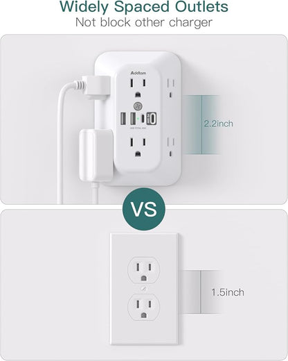 Addtam 6-Outlet Extender Surge Protector, Multi Plug Wall Outlet with 4 USB Wall Charger(PD 30W), Plug Extension Outlet with 1800J, Outlet Splitter Power Strip for Home Office, White