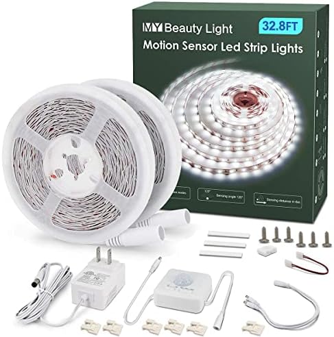 MY BEAUTY LIGHT Motion Activated LED Strip Lights, 32.8ft LED Light Strip with Day or Night 2 Lighting Modes,3 Timing Off Modes,Bright White 12v Plug-in LED Rope Lights for Bedroom,Kitchen,Stair,Room