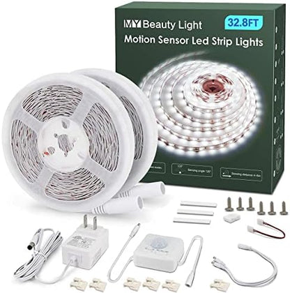 MY BEAUTY LIGHT Motion Activated LED Strip Lights, 32.8ft LED Light Strip with Day or Night 2 Lighting Modes,3 Timing Off Modes,Bright White 12v Plug-in LED Rope Lights for Bedroom,Kitchen,Stair,Room