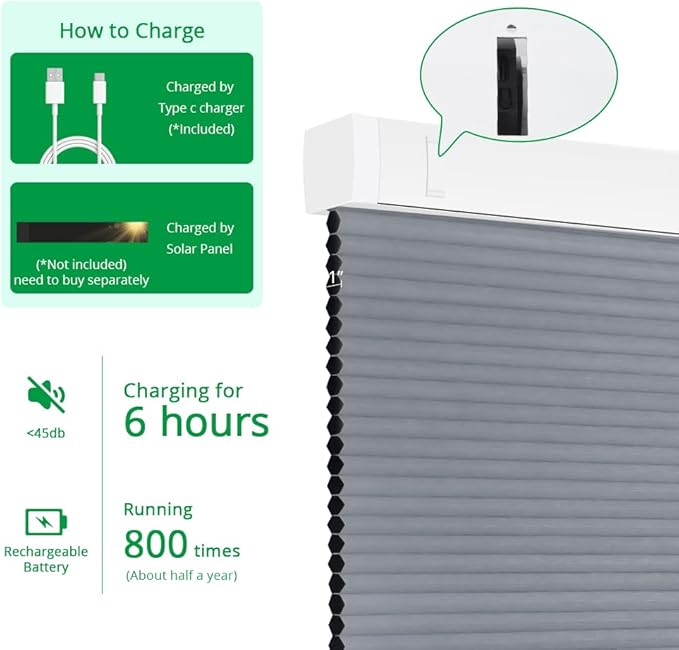 Motorized Cellular Shades with Remote Blackout Honeycomb Smart Blinds Options for Indoor Windows, Remote/Alexa/Matter Compatible, Easy DIY Installation (Gray)