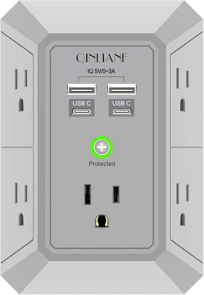 USB Wall Charger, Surge Protector, QINLIANF 5 Outlet Extender with 4 USB Charging Ports(2U2C) 3-Sided 1680J Power Strip Multi Plug Outlets Wall Adapter Spaced for Home Travel Office, Grey