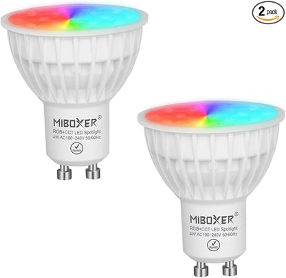 Pack Of 2 LGIDTECH 4W GU10 Led 2.4GHz Spotlight Bulb RGB+CCT Color Changing And CCT WW CW Temperature Adjustable Must Work With Milight Remote,B4 T4 Panel Or Smartphone Control Via Gateway Hub WL-Box2