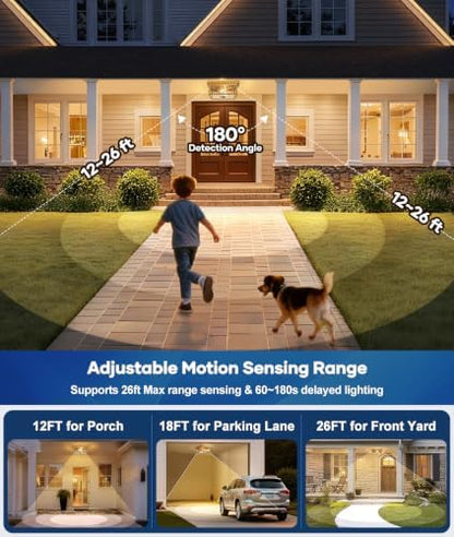 Lynnoland Motion Sensor Outdoor Ceiling Light with Remote, 12.2 Inch Gold Flush Mount Porch Light Fixture with United Glass Cover, 5 Modes Outside Flush Mount Light for Porch, Garage, Patio, Entryway