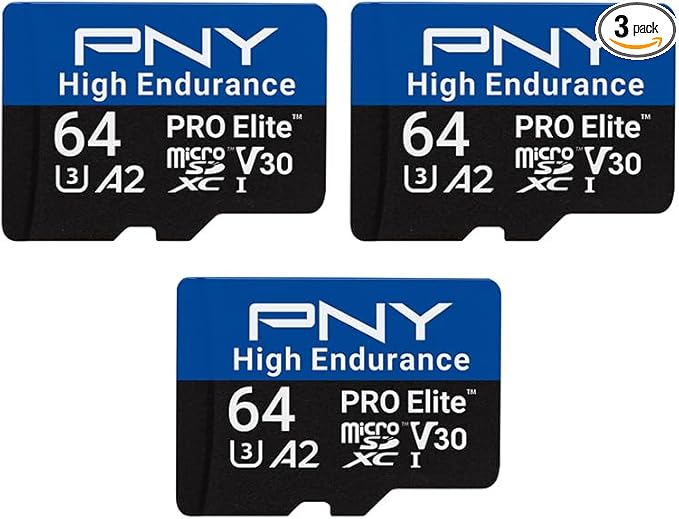 PNY 64GB PRO Elite™ High Endurance C10 U3 V30 A2 microSDXC – Up to 17.2K Continuous Recording Hours, Up to 100MB/s Read, 4K UHD, Full HD, UHS-I, Surveillance, Home Security, Dash Cam, 3-Pack