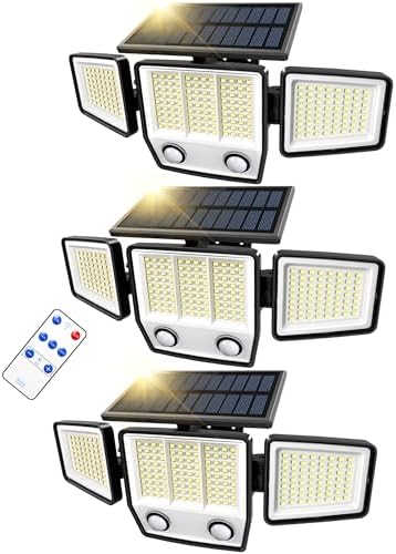 MDCMDCM Solar Motion Sensor Outdoor Lights Waterproof - 3000LM 3 Modes Security Lights Outdoor 270° Illumination IP65 LED Solar Flood Wall Light for Garden Yard Patio Pathway (with ‎Remote Control,3)