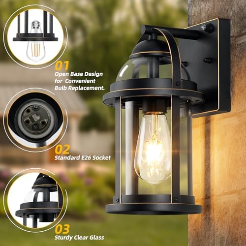 OKELI Dusk to Dawn Outdoor Wall Lights, Waterproof Lighting Fixtures Rustic Farmhouse Wall Lanterns with Clear Glass Shades Anti-Rust Outside Lights for House(Black with Gold-Trim, 2 Pack)