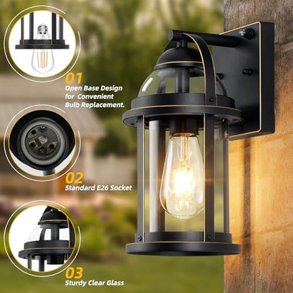 OKELI Dusk to Dawn Outdoor Wall Lights, Waterproof Lighting Fixtures Rustic Farmhouse Wall Lanterns with Clear Glass Shades Anti-Rust Outside Lights for House(Black with Gold-Trim, 2 Pack)