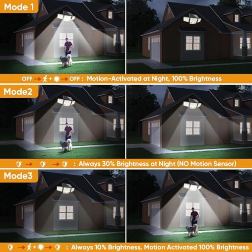 MDCMDCM Solar Motion Sensor Outdoor Lights Waterproof - 3000LM 3 Modes Security Lights Outdoor 270° Illumination IP65 LED Solar Flood Wall Light for Garden Yard Patio Pathway (with Stakes, 2)