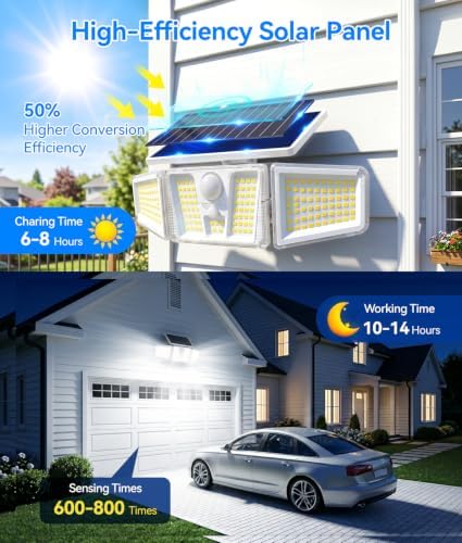 KOOPER Solar Flood Lights, 210 LED Motion Sensor Outdoor Lights, Solar Motion Lights Outdoor Waterproof, 3 Heads 300° Wide Angle Outdoor Security Lights for Yard Patio Garage Entryways, 6 Pack, White