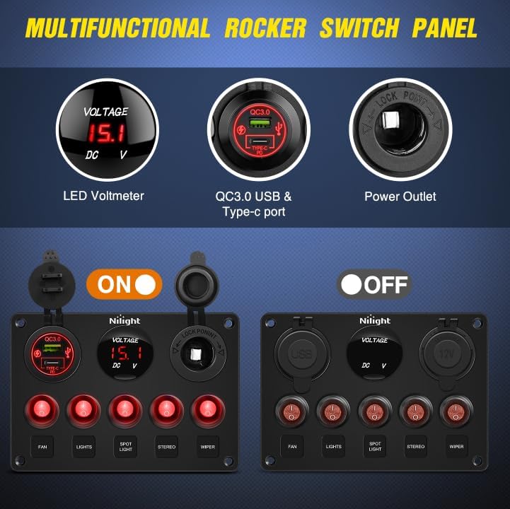 Nilight 5 Gang Multi Function Waterproof Switch Panel Red