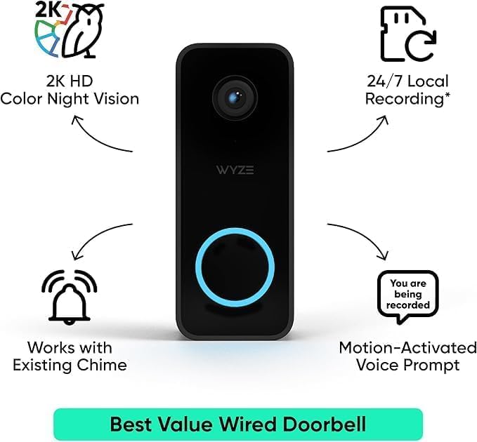 Doorbell Camera v2 + Wedge Kit, 2K Smart Video Doorbell with Motion Activated Voice Prompt, Night Vision, 2-Way Audio, Motion Detection, 24/7 Recording, IP65, Compatible with Alexa & Google, Wired