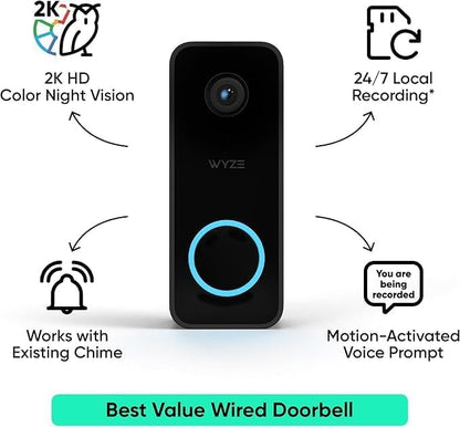Doorbell Camera v2 + Wedge Kit, 2K Smart Video Doorbell with Motion Activated Voice Prompt, Night Vision, 2-Way Audio, Motion Detection, 24/7 Recording, IP65, Compatible with Alexa & Google, Wired