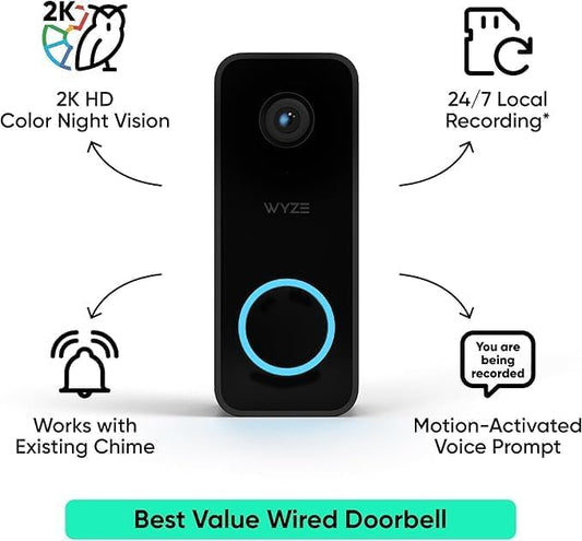 Doorbell Camera v2 + Wedge Kit, 2K Smart Video Doorbell with Motion Activated Voice Prompt, Night Vision, 2-Way Audio, Motion Detection, 24/7 Recording, IP65, Compatible with Alexa & Google, Wired