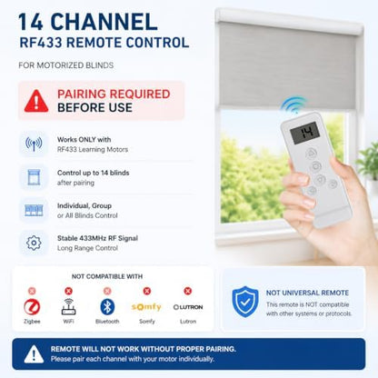 14 Channel RF Remote Control for Roller Shades – Compatible with ERB25/EY2512 Motorized Blinds Systems, Individual & Group Control, Replace Lost or Broken Remote for RF Tubular Motors (Not Universal)