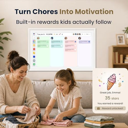 21.5-Inch Smart Digital Calendar & Photo Frame for Family, Large Wall Planner with Auto-Sync to Apple, Google & Outlook, Touchscreen Display with Chore Chart, To-Do Lists & Meal Planner, No Subscription, White Frame