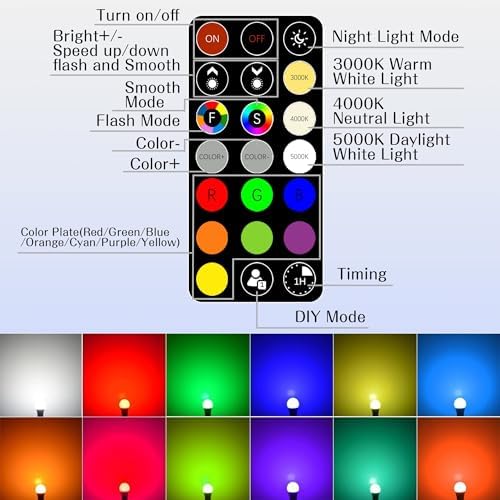 LED Color Changing Light Bulb with Remote Control, 60W Equivalent RGB Bulbs, 8W Dimmable E26 A19 2700K-6000K Warm White Indoor/Outdoor Colored Light Bulbs for Bedroom, Living Room, 4-Pack