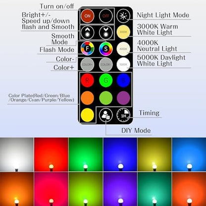 LED Color Changing Light Bulb with Remote Control, 60W Equivalent RGB Bulbs, 8W Dimmable E26 A19 2700K-6000K Warm White Indoor/Outdoor Colored Light Bulbs for Bedroom, Living Room, 4-Pack