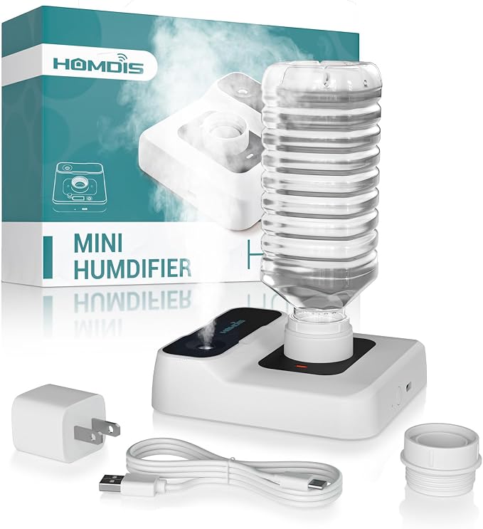 Travel Humidifier, Portable Small Humidifier for Plants, Bedroom, Office, Hotel or Car, Battery Operated Mini Cool Mist Humidifiers, Quiet 23dB, Auto-off, Night Light & BPA-Free, White