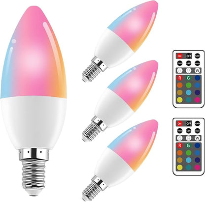 XRise E12 LED Bulb 3W Color Changing Candle Light (RGB + White) 12 Colors, 6000K, Remote Control Included (2 Remote) Decorative Candle Lamp for Stage Home Decor,4 Pack