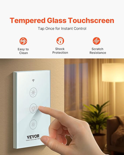 VEVOR Smart Dimmer Switch, Wi-Fi 2.4GHz, Dimmable Smart Switch with Tempered Glass Touch Panel, 15% to 85% Stepless Dimming, Voice App Remote Control, Works with Alexa Google Home, for LED Lights