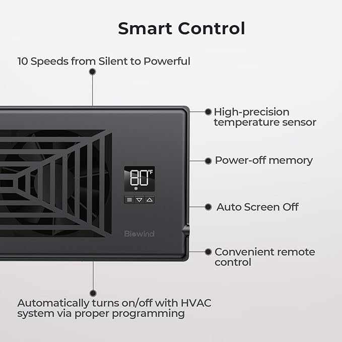 BIOWIND Quiet Register Booster Fan Fits 4" x 10" Register Holes, 10-Speed Smart Heating Cooling AC Vent Fan with Remote Control and Thermostat Control - Black