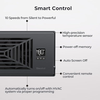 BIOWIND Quiet Register Booster Fan Fits 4" x 10" Register Holes, 10-Speed Smart Heating Cooling AC Vent Fan with Remote Control and Thermostat Control - Black