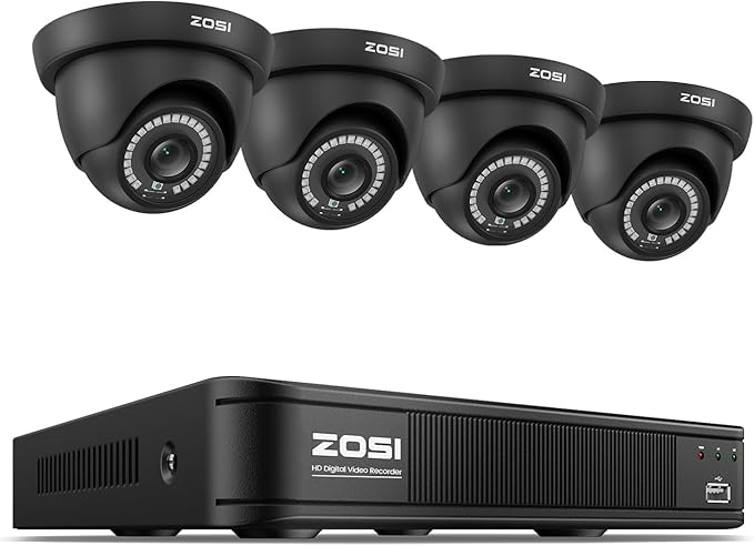 ZOSI 8CH H.265+ Home Security Camera System Outdoor, 8 Channel 1080p HD-TVI DVR & 4 x 720p Surveillance CCTV Dome Camera with Motion Detection, 80ft IR Night Vision, Remote Access (No Hard Drive)