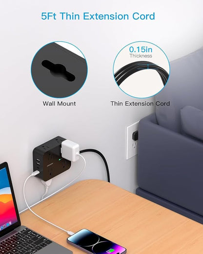 Power Strip Surge Protector, 5Ft Flat Extension Cord with Multiple Outlets