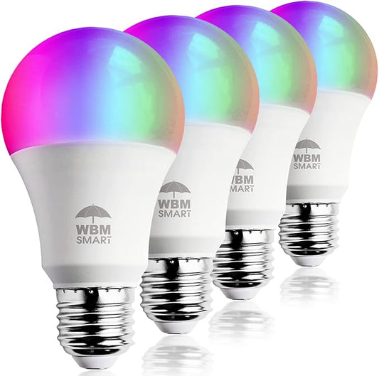 WBM SMART LED Color Changing Lights, Compatible with Alexa & Google Assistant, RGBW 2700K-6500K, 60 Watt Equivalent Multicolor, Dimmable with App, A19 E26, No Hub Required, 2.4GHz WiFi Only, 4 Counts