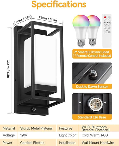 RAYVO Smart Outdoor Wall Light, RGB Color Changing Sconce with App & Voice Control, Dusk to Dawn Outdoor Lighting, Adjustable 2700K–6500K, Waterproof Exterior Light Fixture for House Porch Garage