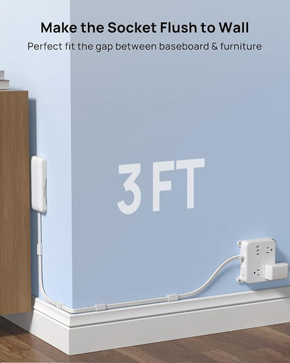 TROND Flat Power Strip with Outlet Concealer, 3 FT Short Extension Cord | 3 Widely Spaced AC Outlets, 3 USB Charger(2 USB C Ports), Wall Mount Outlet Cover for Nightstand Couches Home Essentials